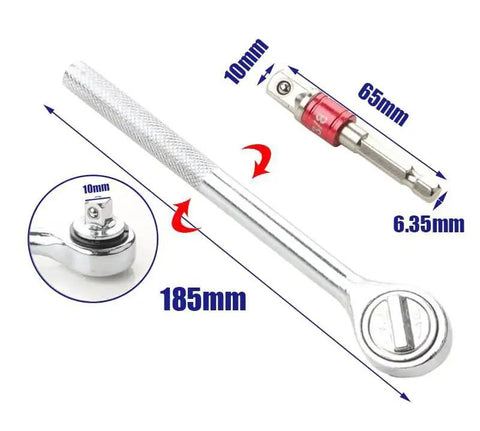 Silver metal universal adjustable drive socket sleeve (10–19 mm) with 3/8 in hex shank adapter.