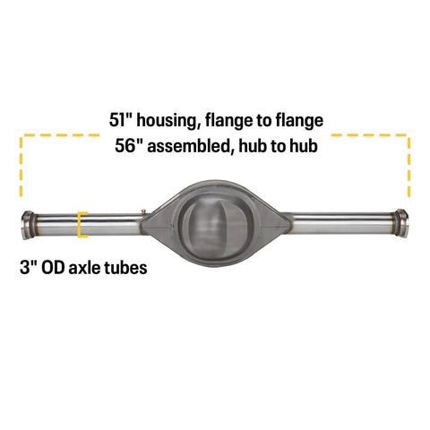 Ford 9 Inch Rearend Axle Housing Kit With 31-Spline Forged Steel Axles, 56 Inch Wide, showing dimensions and axle tubes
