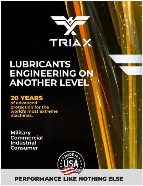 Triax lubricant label with 20 years protection branding and USA logo