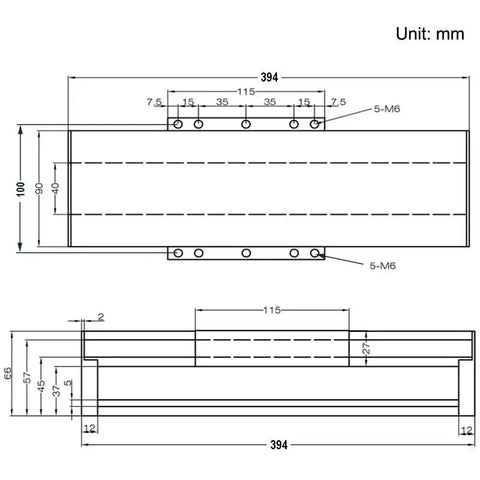Technical diagram of Two Hundred Millimeter Travel Fully Enclosed Dual Linear Stage Actuator dimensions and specifications.