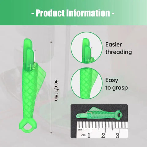 Automatic Fish Type Needle Threader For Sewing Lovers Game Changing Handy Hand Sewing Tool And Sewing Machine Needle Threader Quick Threading Aid For Crafters Easy To Use Threader For Sewing Supplies Green 3 Pack product with measurement chart, showing size, ease of threading and grip.