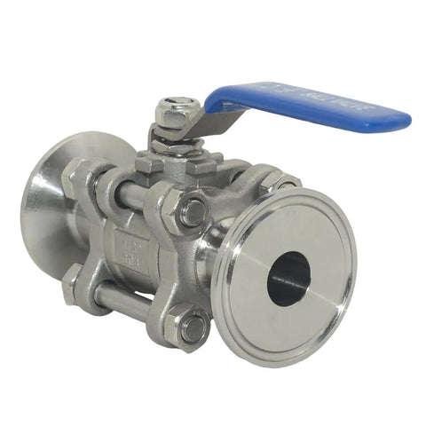 VARMHUS sanitary ball valve, 1/2 in, blue lever, 1.5 in tri-clamp ends, two-way/three-piece, 304 stainless steel