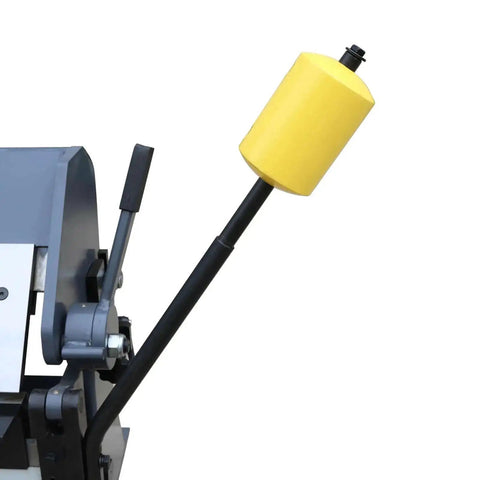 Close-up of Ultra 24 Inch Box And Pan Brake mechanism with handle and yellow stopper for complex sheet metal bends.