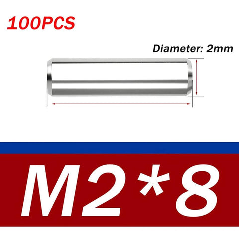 Front view of 2x8mm 304 stainless steel dowel pin, part of 304 Stainless Steel Dowel Pins Set Of 100 Precision Ground Alignment Rods For Machinery Fixtures CNC Tooling And Industrial Use 2x8 Heavy Duty Fit And Corrosion Resistant For Long Lasting Performance.