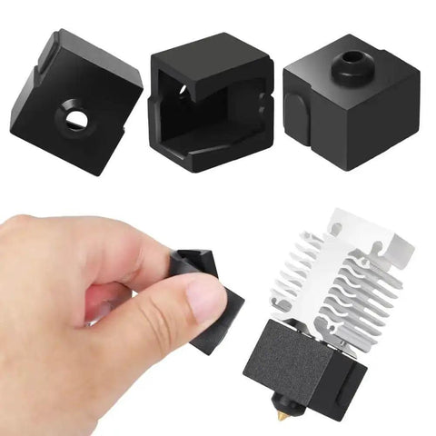 Ender 3 V3 SE Silicone Sock 4 Pack Hotend Block Cover Insulation for 3D Printer, black socks and installation view on hotend