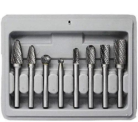 Versatile 8-Piece Carbide Burr Set For Die Grinder With One Quarter Inch Shank Double Cut Bits in gray tray holder