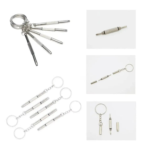 12 Pack Eyeglass Screwdriver Keychain Set Mini 3 In 1 Flat Phillips Hex Drivers, stainless steel, attached to keychains for repair use.