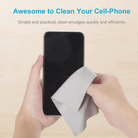 Hands cleaning smartphone screen with Eight Pack Microfiber Cleaning Cloths for Glasses and Screens 6x7 Inches.