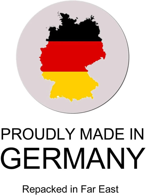 Circular badge featuring Germany flag silhouette, with Proudly Made in Germany and Repacked in Far East text.