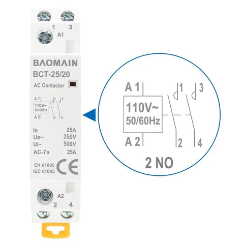 Image of Beefy 110V AC 2 Pole Contactor With 2NO Normally Open Contacts, 25A Rating, Model BCT 25 20 110VAC showing specifications.