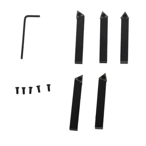 Carbide Turning Tool Indexable Set, 5 Pieces, 5 Sixteenth Inch Cutting Tools For Surface Finishing, Boring, And Chamfering With 60 Degree, 75 Degree, And 90 Degree Heads, Pro Grade Wrench, Screws, And Hardwood Storage Box