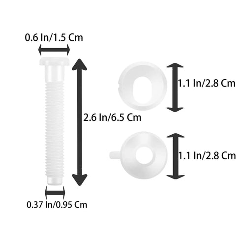Image showing dimensions of 2 Pack Toilet Seat Screws Replacement Kit with Plastic Nuts and Washers for Fixing the Top Toilet Seat.