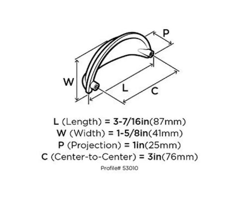 Diagram of Traditional Cup Pull Cabinet Handle in Satin Nickel, 3 Inch Center-to-Center, 3-7/16 Inch Overall Length dimensions.