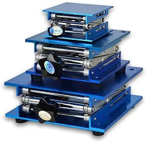 Adjustable Lab Jack Stand And Lift Table For 4x4 6x6 8x8 Platform in blue metal, shown stacked in three sizes.