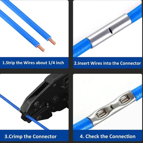 Instruction guide showing steps for using 100 Piece Non Insulated Butt Connectors Kit For AWG 22 16 Wire Tin Plated Copper.