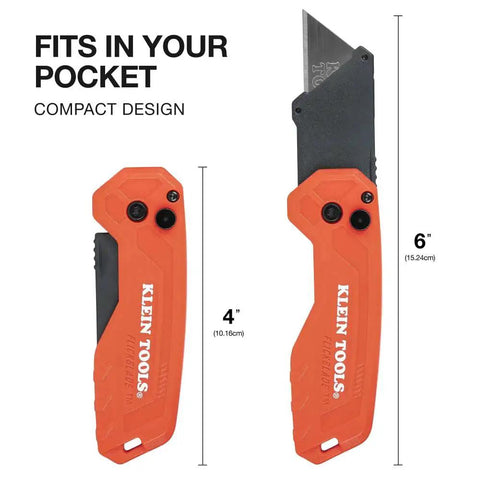Flickblade Folding Utility Knife With Dual Locking Positions And Pocket Clip, shown in open and closed positions, orange handle.