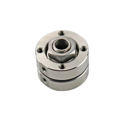 Stainless steel disc torque hinge damper with through-hole bore and mounting holes (front view)