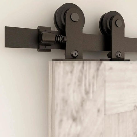 Close-up of heavy duty steel 5.5 Foot Bypass Barn Door Hardware Kit For 33 Inch Double Doors with nylon rollers and T shape hangers.