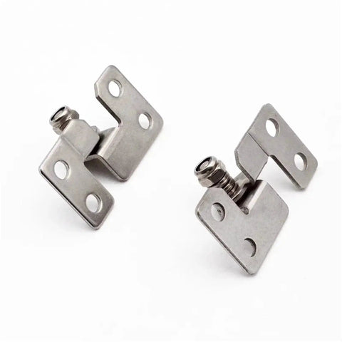 Two stainless steel adjustable torque shaft hinges with mounting plates and screws