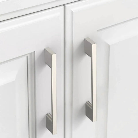 Brushed Satin Nickel Cabinet Pulls 5 Inch Center To Center 10 Pack Kitchen Cabinet Hardware Handles on white cabinet doors