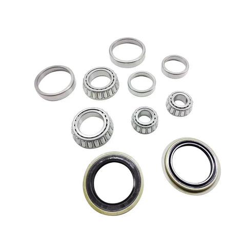 10 Piece All In One Front Wheel Bearings And Seals Kit Fits Ford Explorer 1995 2011 Ranger 1995 2011 Mercury Mountaineer 1997 2001 Mazda B2300 B2500 B3000 B4000 1995 2009 RWD Easy Install Hub Replacement displayed with bearings and seals arranged.