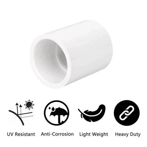 Image of a white PVC pipe coupling with UV resistant, anti-corrosion, lightweight, heavy-duty icons. Twenty Pack Three Quarters Inch PVC Pipe Couplings Socket To Socket Heavy Duty Schedule 40 PVC Slip Socket Connectors For DIY Shelving Garden Support Structures Ideal For Framing Fittings And Projects In Home Workshops White.