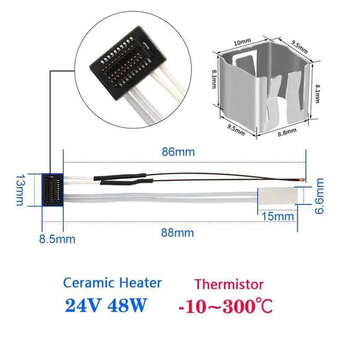 Dimensions and details of 2 Pack 24V 48W Ceramic Heater With Thermistor For P1P And P1S 3D Printers High Temp 300C Fast Heat Up