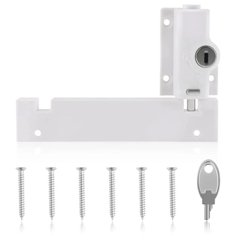 Keyed Sliding Door Lock For Glass Doors With Childproof Design, Dual Security Defense, Includes 6 Screws And Key, Fits Four Point Seven Six Inch Base, White, Ideal For Patio And Home Security, Easy Installation For Added Safety.