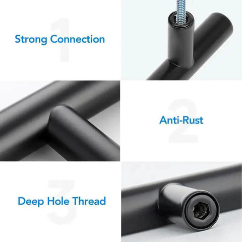 Close-up of stainless steel cabinet handles with three inch hole spacing, strong connection, anti-rust coating, and deep hole thread features.