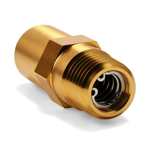 Brass thermal relief valve with 1/4 in NPT threads; front view shows hex body and internal spring.