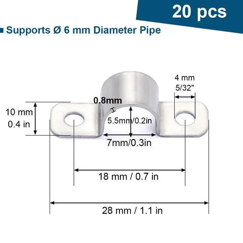Stainless Steel Conduit Clamps 1/4 Inch Heavy Duty Universal 2 Hole U Bracket Pipe Clips For Cylindrical Components Fits 6mm OD Pipes 0.4 Inch Wide 0.03 Inch Thick Mounting Hole 5/32 Inch Pack Of 20 with dimensions diagram.