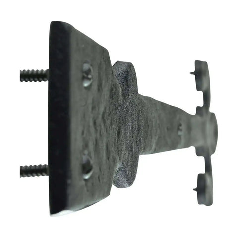 Side view of Fleur De Lis Wrought Iron Dummy Strap Hinge 16 Inch Black Decorative Hardware with screws visible for doors and cabinets