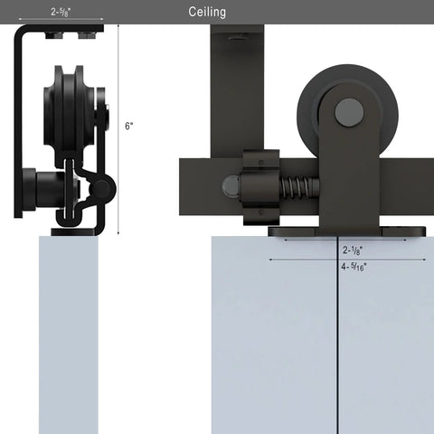 Sliding Barn Door Hardware Kit Black For 5.5 Foot Ceiling Mount With L Shaped Bracket System, side view close-up showing roller tracking