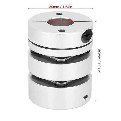 Front view of aluminum alloy shaft coupling with clamp collars and set screws; 39 mm diameter, 50 mm length