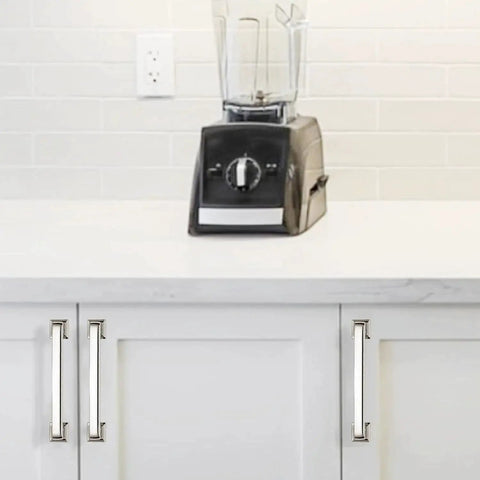 Polished Nickel Cabinet Pulls 10 Pack Five Sixteenths Inch Center Hole Cabinet Hardware on white kitchen cabinets