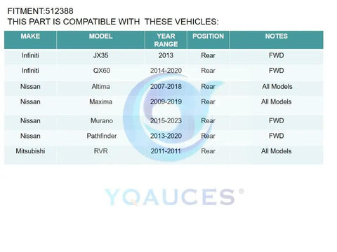 Vehicle compatibility chart for Rear Wheel Bearing And Hub Assembly For Nissan Altima 2007 2018 Maxima 2009 2019 Murano 2015 2016 Pathfinder 2013 2019 5 Lug With ABS Direct Fit Replacement Premium Quality Guaranteed.