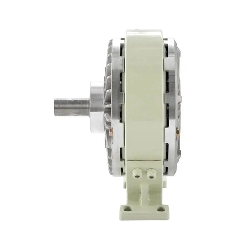 Side view of magnetic powder clutch brake with base; beige housing and metal shaft.