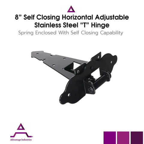8 Inch Self Closing Gate Hinge, stainless steel, black powder coat finish, horizontal adjustable, by Advantage Industries
