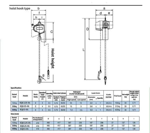 Technical diagram of 1 Ton Air Hoist With 20Ft Lift And Pendant Control For Heavy Duty Crane Hoist, showing dimensions and specifications.
