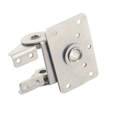 Stainless steel adjustable torque hinge with square mounting plate and dual-axis, front view.