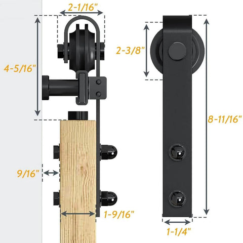 Lite Version Black 6.6 Foot Barn Door Hardware Kit With Sliding Track System measurements and components illustrated