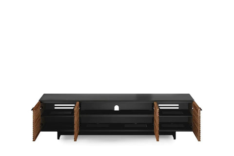 Quad Width Low Media Cabinet 8173 with Natural Walnut Finish, space-saving TV console shown with open doors and cable management features