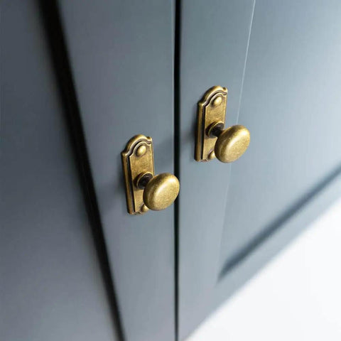 Six Piece Set Of Antique Brass Cabinet Knobs With Industrial Backplates For Kitchen Cabinets Classic Round Hardware Vintage Drawer Pulls Retro Dresser Handles Yanxia shown installed on cabinet