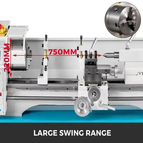 Mini Metal Lathe 550W Brushless Benchtop Lathe 0-1500 RPM High Gear with 3 Jaw Chuck, close-up showing swing range.