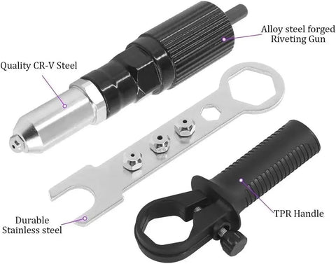 Cordless Rivet Gun Tool Kit For Drills With Four Threaded Heads 2.4mm 3.2mm 4.0mm 4.8mm, Pro Grade Riveter Drill Attachment Set