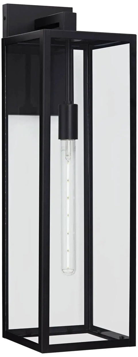 Modern Industrial Outdoor Wall Light Fixture In Mystic Black With 27 Inch Clear Glass Panels, rectangular design, front view