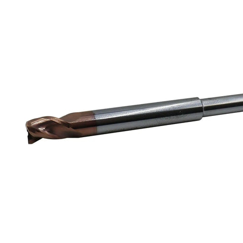 Two Piece Quarter Inch Reduced Shank Router End Mill Set Featuring Five Sixteenth Inch Cutting Diameter, Thirty Seven Degree Helix, Solid Carbide, Three Flute, ZRN Coated Bits For Aluminum And Non Ferrous Materials, High Velocity Milling displayed in side view