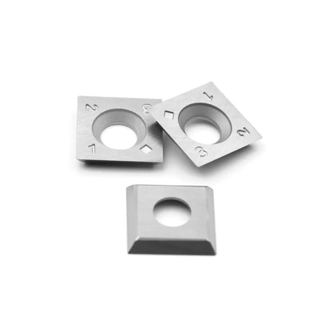 Go-To 15mm Square Straight Carbide Inserts For Woodturning, 4-Edge Replacement Cutter Knives For Woodworking, 15mm By 15mm By 2.5mm Fits Helical Planer Cutter Heads, Lathes And Turning Tools Ci1, 10 Pack. Three inserts displayed at various angles.
