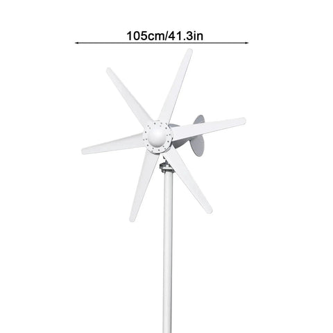 Front view of a white six-blade wind turbine generator on a tall pole.