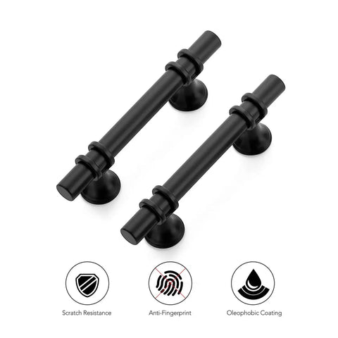 30 Pack 5 Inch Matte Black Cabinet Pulls With Round Base For Kitchen Cabinets And Drawer Fronts, 3 Inch Center To Center Hole Spacing, shown with scratch resistance, anti-fingerprint, and oleophobic coating icons.